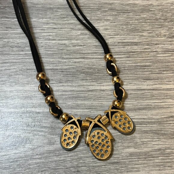 Bold Teal Blue Faceted Drop Statement Necklace Gold & Black Cord Crystal Accents - Picture 2 of 3